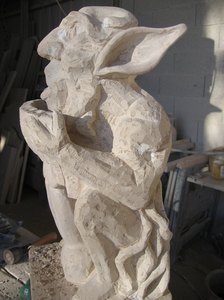 Gargouille d'un Satyre, sculpture originale, taille directe par David Kemp, apr&egrave;s sablage